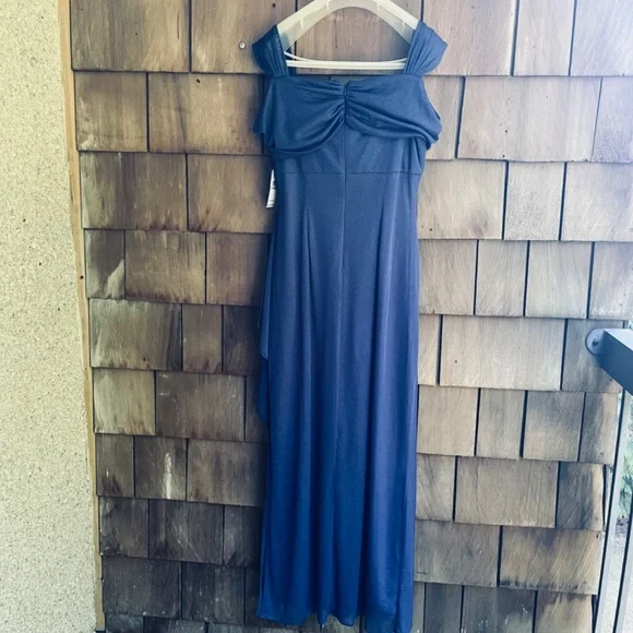 Alex Evening Sz12 Cold Shoulder Glitter Mesh Blue Dress Draped Skirt Cowl Neck - Picture 12 of 16